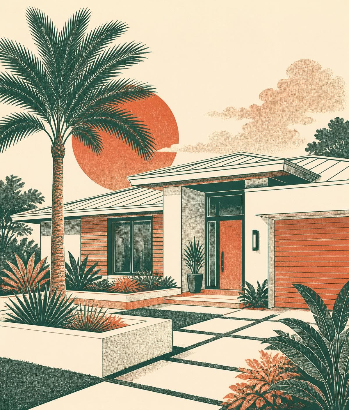 Stylized duotone illustration of a managed Southwest Florida home